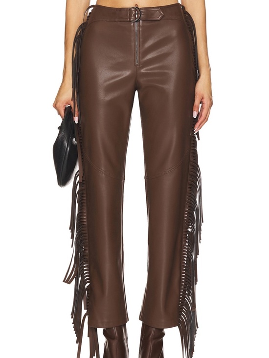 Camila Coelho Pants - Camila Coelho Chocolate Brown Faux Leather Wide-Leg Fringe Pants